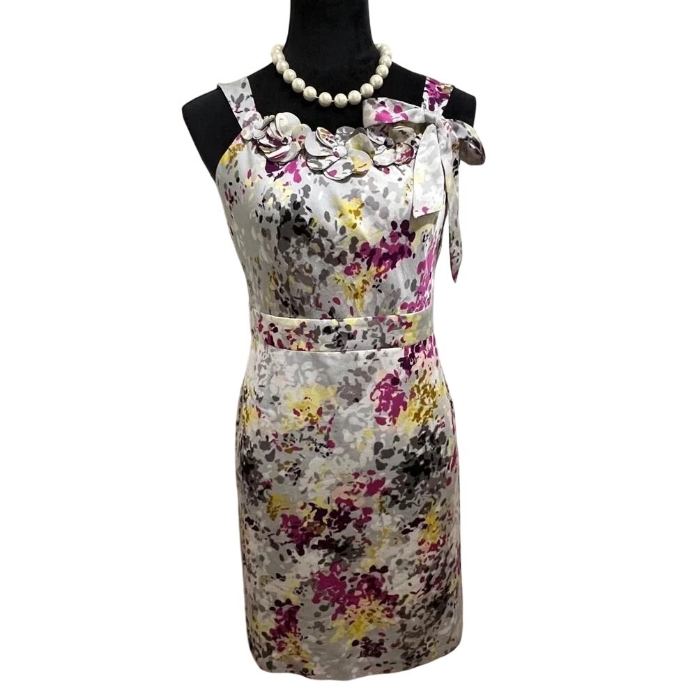 Ann Taylor Loft Petites Floral Dress Magenta Garden Party Wedding 12P Bow Detail